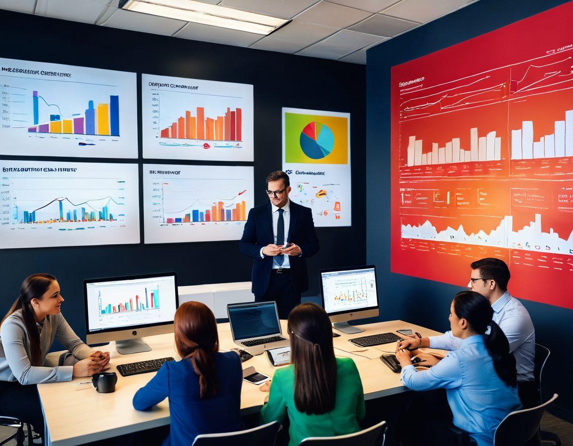 A dynamic office scene illustrating collaboration among diverse employees engaged in a brainstorming session, with bright charts and graphs representing performance metrics visible on the walls. Include elements of technology such as laptops and digital devices, symbolizing modern HR solutions. The atmosphere should feel empowering and motivating, with playful colors and an open layout, reflecting a culture of engagement and excellence. vibrant colors. super-realistic.