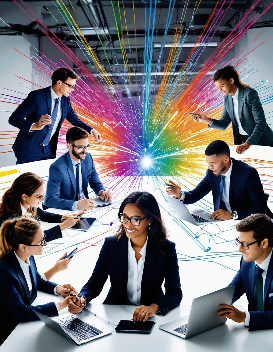 A dynamic collage showcasing diverse professionals collaborating in a creative workspace filled with technology and innovation. Include elements like brainstorming sessions, digital tools, and a vibrant flow of ideas represented visually through colorful light trails. Emphasize teamwork and the transformation of talent through modern HR strategies. super-realistic. vibrant colors. white background.