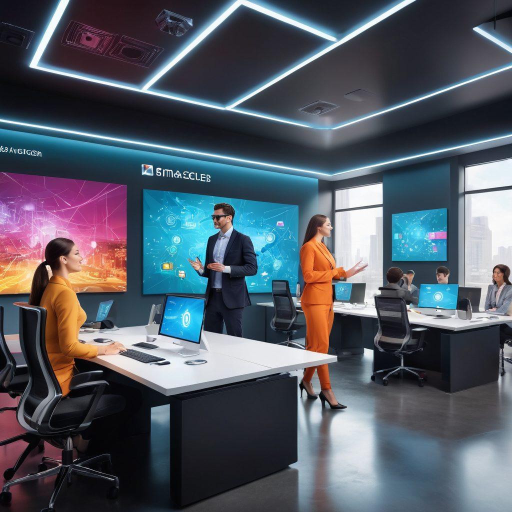 A futuristic office environment showcasing diverse employees engaged in innovative talent development activities. Include virtual reality training sessions, brainstorming sessions with holographic displays, and a digital talent management interface. Emphasize the integration of technology in human resources, with an open and collaborative atmosphere. Include vibrant colors and modern design elements to inspire a sense of progress and collaboration. super-realistic. vibrant colors. 3D.
